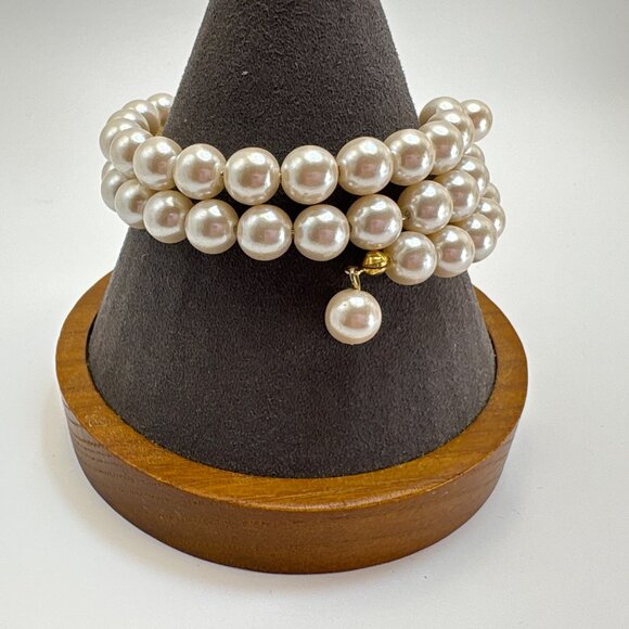 VTG Faux Pearl Triple Bypass Flexible Wrap Bracelet Pearl Tassel Ends - Picture 2 of 8